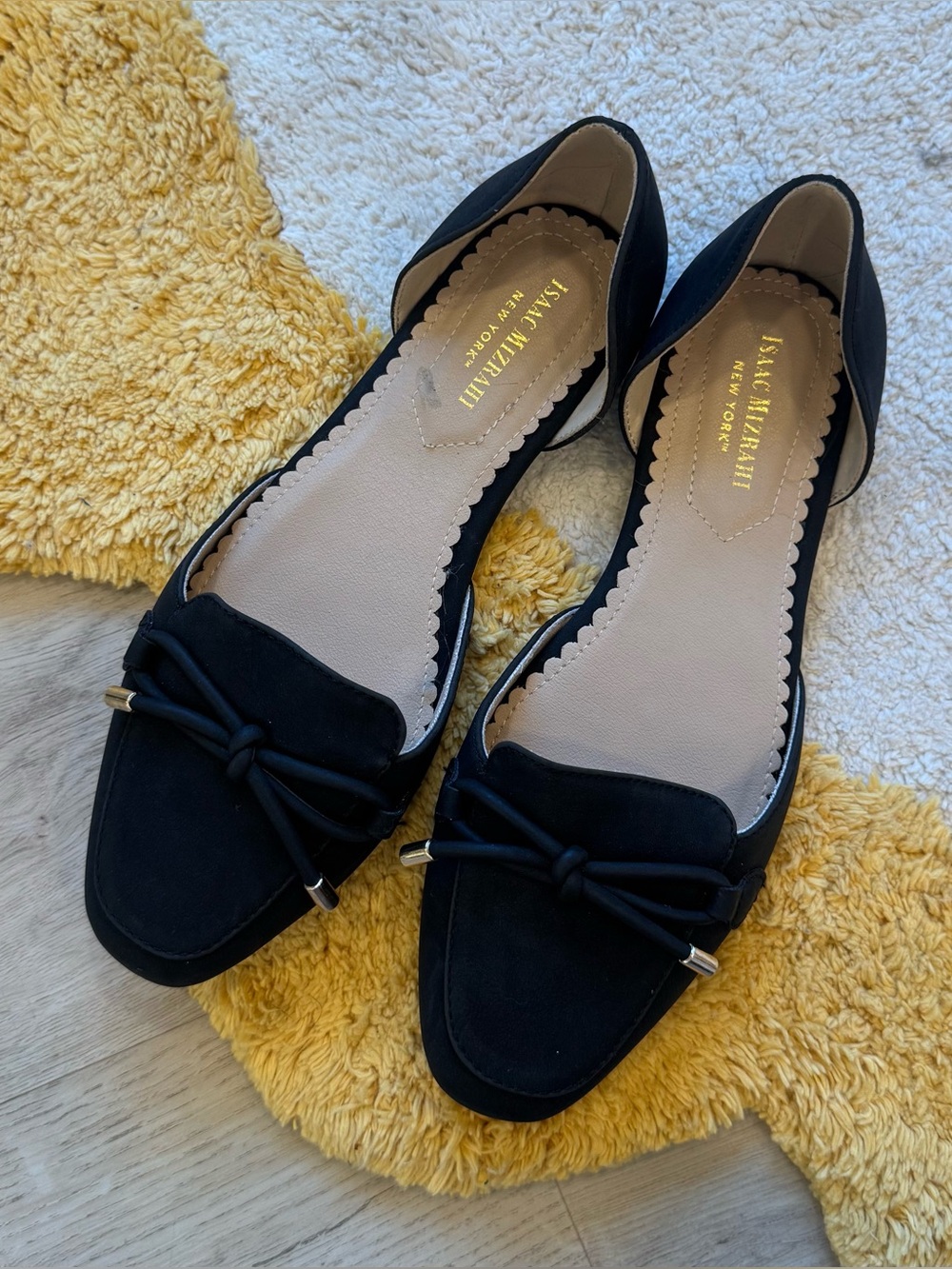 Isaac Mizrahi Black suede bow flats with gold accents